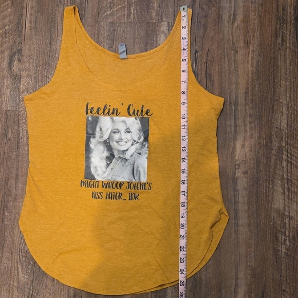 Next Level "Feelin' Cute" Dolly Parton Mustard Yellow Tank Top - Size M - Picture 7 of 7